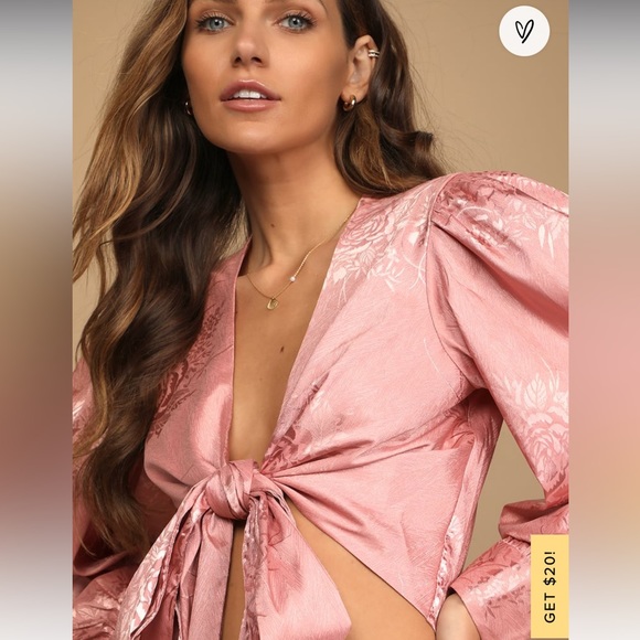 Highly Iconic Rose Pink Satin Jacquard Tie-Front Crop Top - Picture 2 of 4